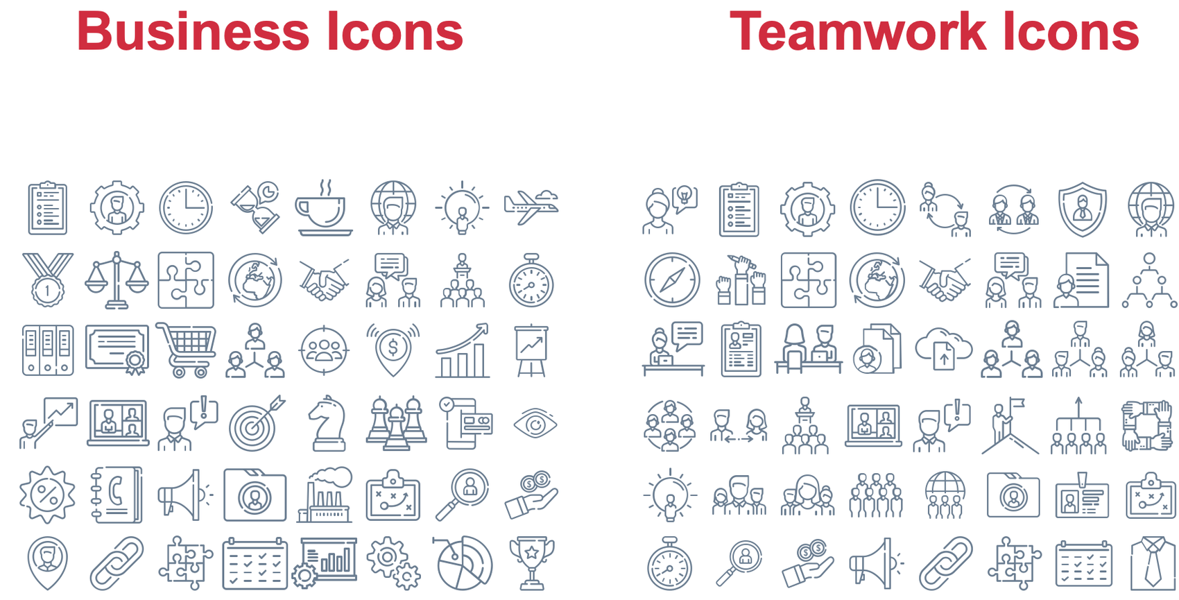 Business and Teamwork icon sets: 48 outline icons each